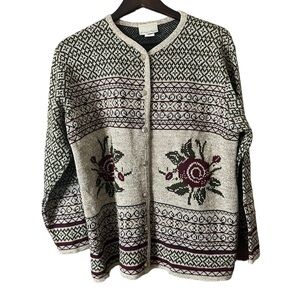 Vintage Huntington Ridge Elegant Rose Floral Knit Women's Button Cardigan Sz L